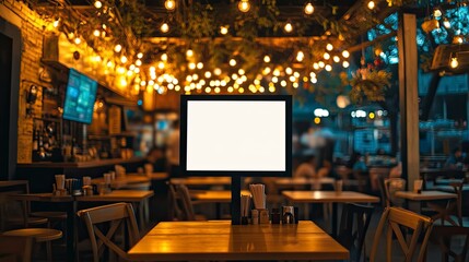 mockup white poster with black frame stand in front of blur restaurant cafe background for show or present promotion product concept.