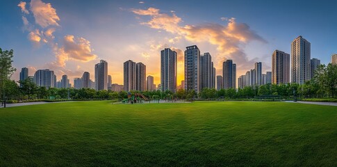 Obraz premium Modern City Park with High-Rise Buildings at Sunset AI generated illustration