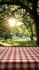 The warm glow of sunlight pours through a canopy of trees, creating a serene atmosphere over a red and white checkered tablecloth spread out in a picturesque outdoor setting, inviting relaxation