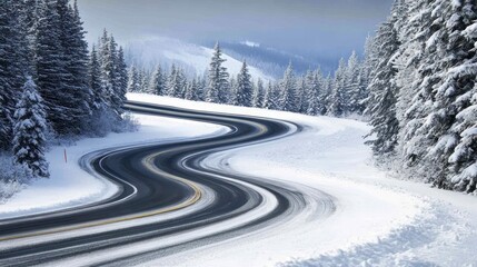 Snow-covered winding highway in a mountain landscape, trees heavy with snow, overcast winter sky,