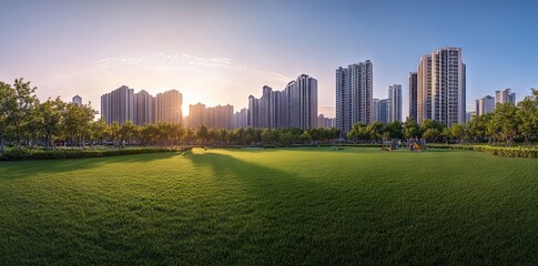 Fototapeta premium Modern City Park with High-Rise Buildings at Sunset AI generated illustration