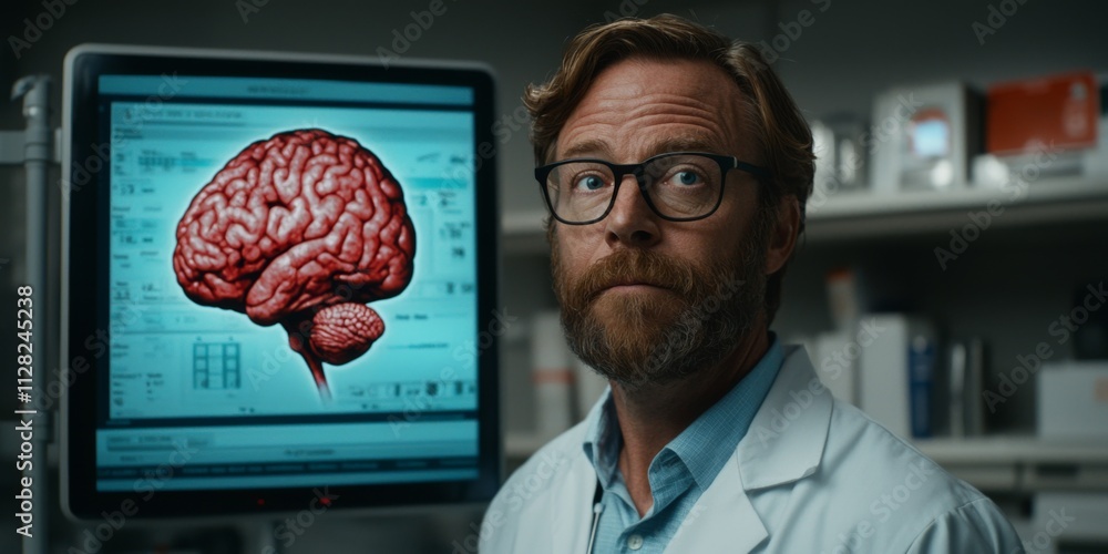 Poster scientist analyzing brain data on high res monitor