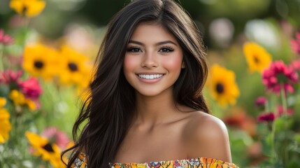 Naklejka premium Beautiful Woman Smiling Amidst Vibrant Flowers In A Garden