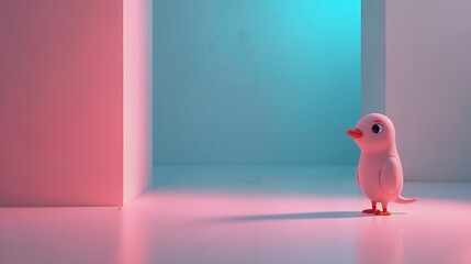 Cute pink cartoon bird in pastel room, whimsical design