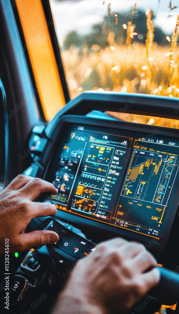 Poster precision farming: modern harvester control panel displaying digital metrics and crop yield data