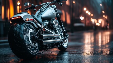 Sleek and Stylish Cruiser Motorcycle in Rainy Urban Setting with Reflections on Wet Pavement and Streetlights Illuminating the Night