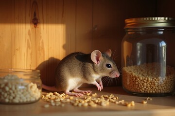 Curious mouse explores pantry with grains, home pest control