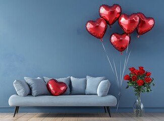 Romantic Room Decor: Red Heart Balloons Roses on a Sofa against a Blue Wall