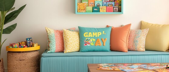 A living room setup with board games, snacks, and a sign that says  Game Night Happy Galentine s Day
