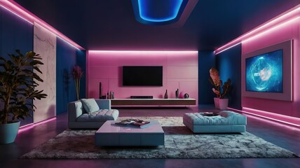A retro-futuristic living room with LED ceiling beams and smart LED backlighting for the TV area in deep blue and pink tones.