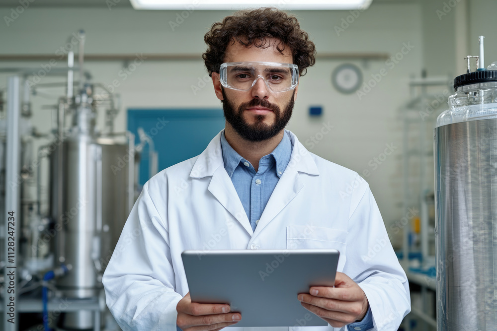 Poster young scientist analyzing bioreactor data on tablet in advanced laboratory environment, focused on i