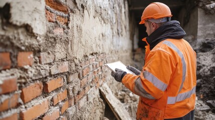Fototapeta premium A civil engineer evaluates the structural integrity of a brick wall construction site, ensuring compliance with safety regulations
