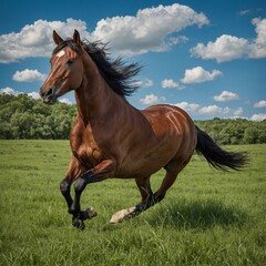 Fototapeta premium A horse galloping through a lush green pasture under a bright blue sky.