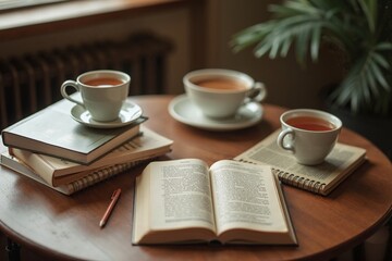 Cozy reading corner with tea and books, literary relaxation