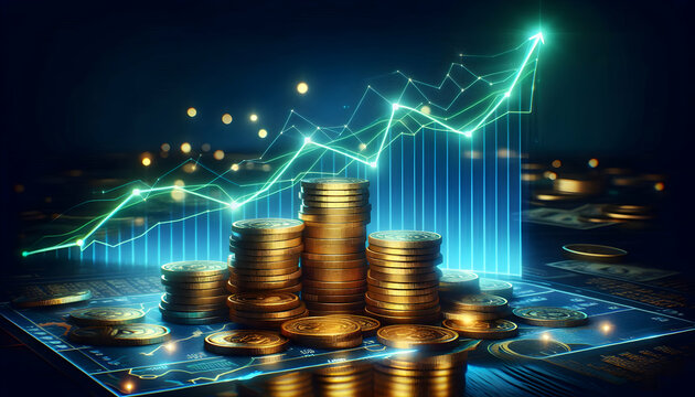 Bitcoin Crypto A pile of gold coins on a dark reflective surface with a glowing line graph rising steadily in the b3