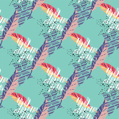 Fototapeta premium Floral background with tropical hawaiian flowers, leaves and natural vector seamless pattern for stylish fabric design.