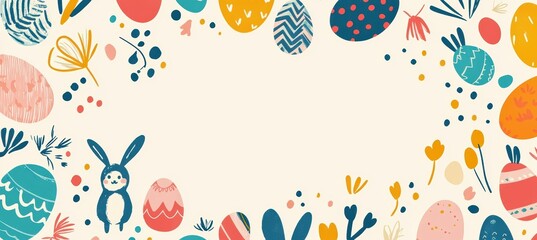Colorful Easter Card Template Featuring Playful Eggs and Bunnies in Cartoon Style