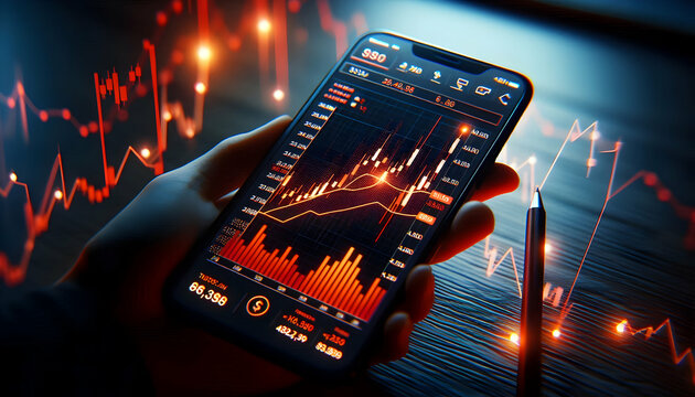 Bitcoin Crypto A mobile trading app with a smartphone screen showing red and orange data points on bar and line gra1