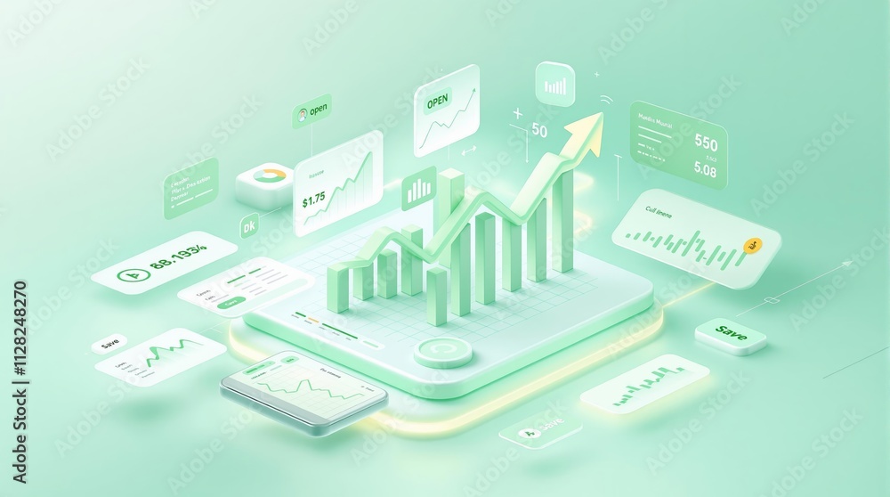 Aufkleber Financial data visualization with upward graph and statistics in green tones. Ai generative.