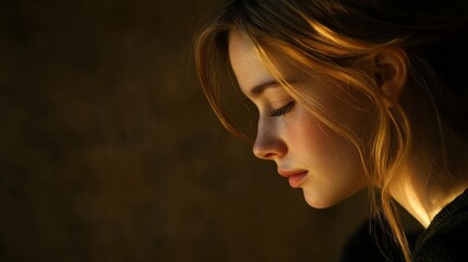 Young Woman With Freckles and Golden Hair in Profile