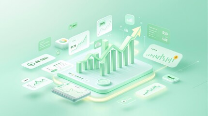 Financial data visualization with upward graph and statistics in green tones. Ai generative.
