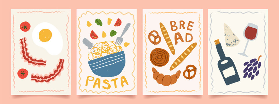 Set of abstract food posters for the kitchen. Trendy art prints hand drawn with eggs, bacon and tomatoes, pasta, bread, wine and cheese. Minimalist design for wall decor, restaurant menu, packaging.