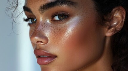 A Close Up Of A Womans Face Showing Freckles And Makeup