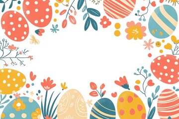 Colorful Easter Greeting Card Template with Cartoon Eggs and Floral Decorations for Fun Designs