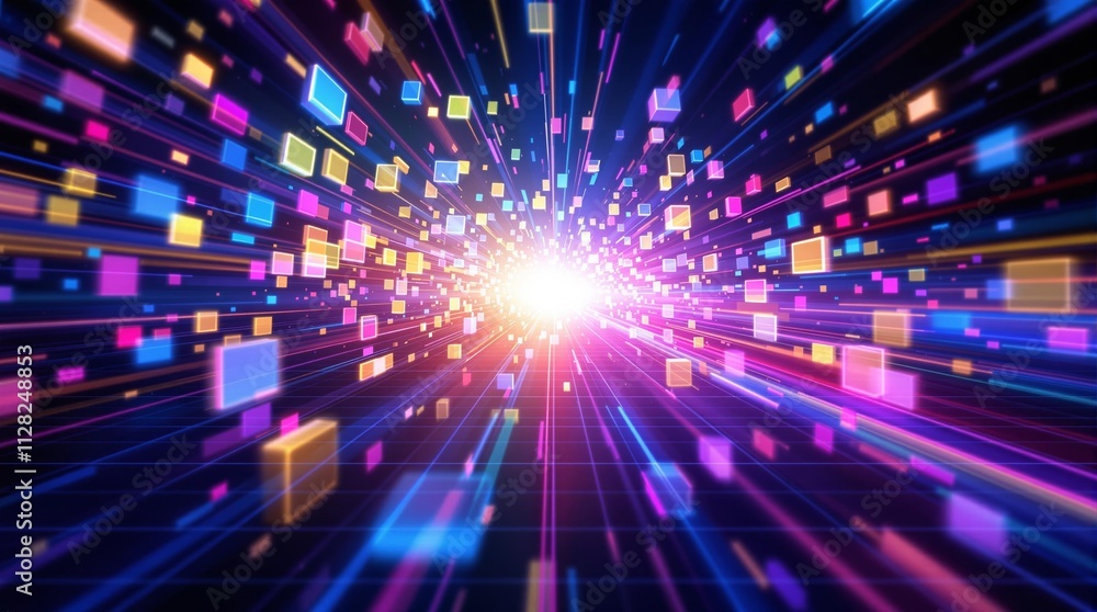 Poster colorful digital explosion with glowing squares and beams of light.