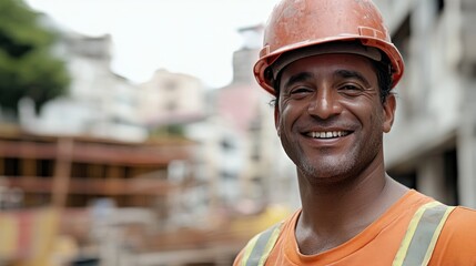A happy construction worker in a portrait beams with pride, showcasing their contribution to a recently completed project