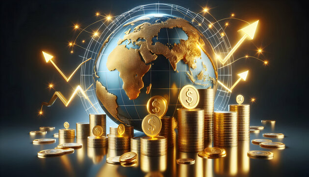 Bitcoin Crypto A globe with gold continents and a silver grid in the center, surrounded by stacks of gold coins arr2