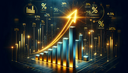 Bitcoin Crypto A glowing bar chart with tall, metallic blue bars and a radiant upward arrow in golden yellow, set a2