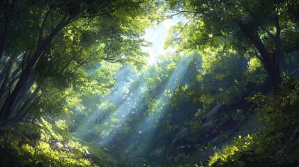 Serene forest canopy sunlight filtering through leaves for peaceful relaxation