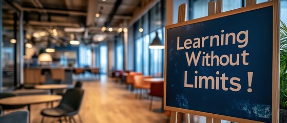 A modern workspace featuring a sign promoting limitless learning.