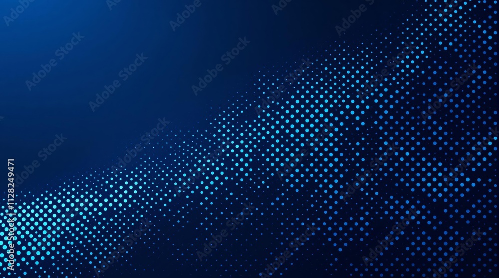 Poster Abstract blue halftone dot wave pattern on dark gradient background.