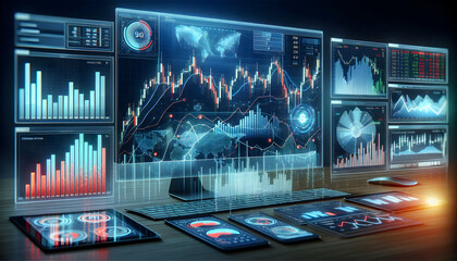 Bitcoin Crypto A Forex trading holographic dashboard with real-time interactive graphs and overlapping candlesticks1