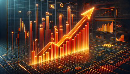 Bitcoin Crypto A futuristic bar chart with a bold upward arrow in vibrant orange, set against a grid background wit2