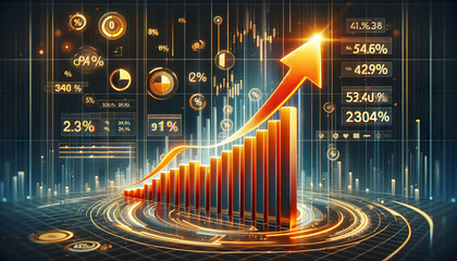 Bitcoin Crypto A futuristic bar chart with a bold upward arrow in vibrant orange, set against a grid background wit1