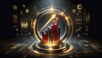 Bitcoin Crypto A futuristic bar chart with metallic red bars and a glowing golden arrow rising steeply, surrounded 4