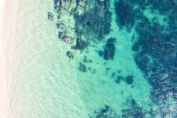 turquoise and clean water of the sea on the shore of a beach in the Rias Baixas in Galicia. Spain....