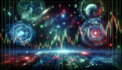 Bitcoin Crypto A futuristic Forex environment with multi-layered holographic currency analysis, vibrant green and r4