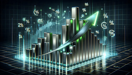 Bitcoin Crypto A dynamic bar chart with reflective silver bars and a bold upward arrow in neon green, surrounded by4