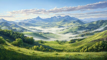 Obraz premium Capturing the serenity of rolling hills valley floor landscape photography morning mist tranquil viewpoint nature's beauty