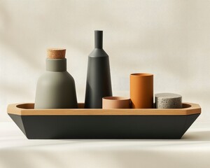A minimalist arrangement of decorative objects in a tray, emphasizing modern design aesthetics.