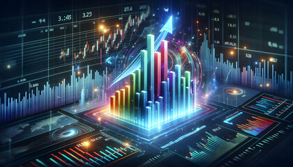 Bitcoin Crypto A dynamic bar chart with tall, colorful bars and a holographic arrow glowing in light blue, surround2