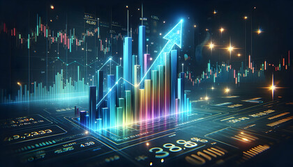 Bitcoin Crypto A dynamic bar chart with tall, colorful bars and a holographic arrow glowing in light blue, surround4