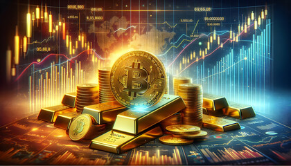  A dynamic scene with gold bars, gold coins, and a Bitcoin (฿) symbol surrounded by financial graphs 2