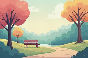 Colorful park landscape with bench, tranquil autumn scene