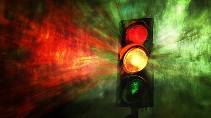 Dramatic Traffic Light Signal with Red, Yellow, and Green Colors Blurring into Motion, Symbolizing Speed, Caution, and Safety in Urban Environments