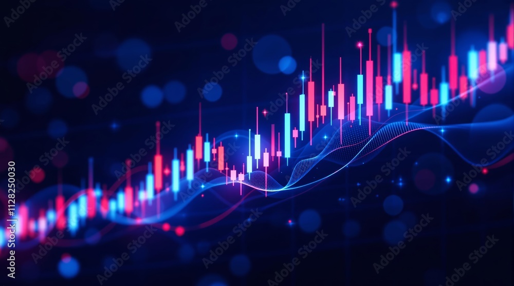 Poster abstract financial chart with glowing candlesticks and waveforms on dark background.